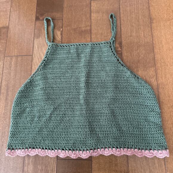 zara crochet crop top in green with pink trim size medium - Picture 3 of 10